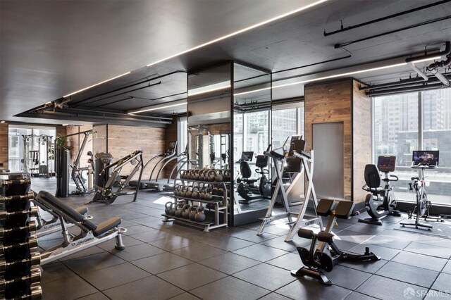 488 Folsom St Unit 4506, San Francisco, CA 94105 - exercise room featuring wood walls and a wall of windows