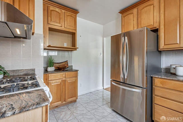 901 Teresita Blvd, San Francisco, CA 94127 - kitchen featuring freestanding refrigerator, range hood, backsplash, and dark stone countertops