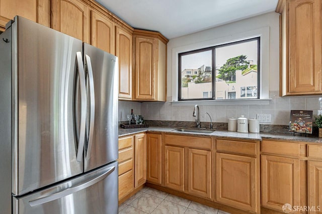901 Teresita Blvd, San Francisco, CA 94127 - kitchen featuring freestanding refrigerator, light tile patterned floors, tasteful backsplash, and stone countertops
