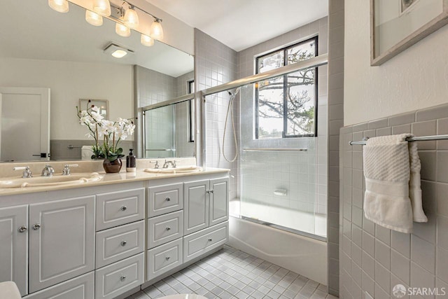 901 Teresita Blvd, San Francisco, CA 94127 - full bath with double vanity, enclosed tub / shower combo, tile patterned flooring, and tile walls