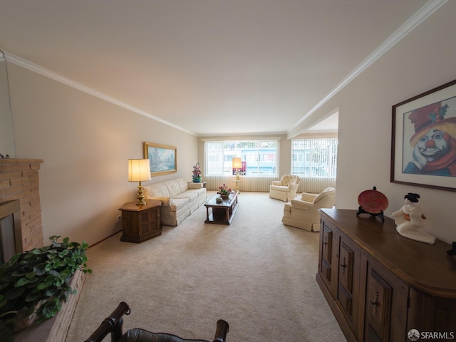 carpeted living room with a fireplace and crown molding