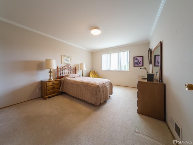 bedroom featuring visible vents, ornamental molding, and light colored carpet