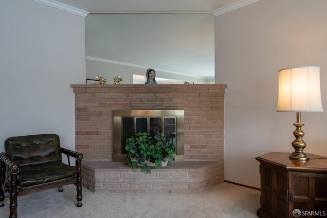 interior space featuring ornamental molding, carpet, a brick fireplace, and baseboards