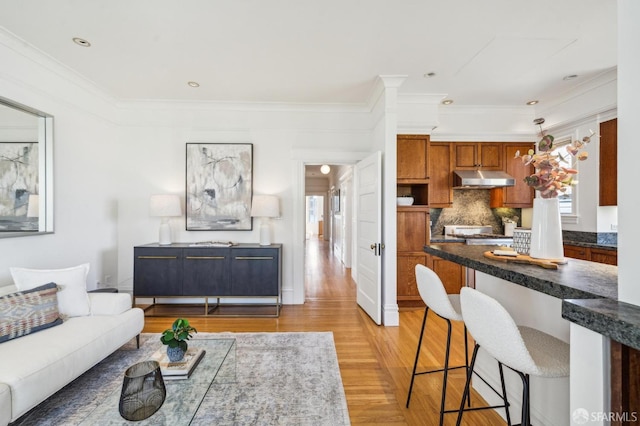 living area featuring crown molding and light wood-style flooring