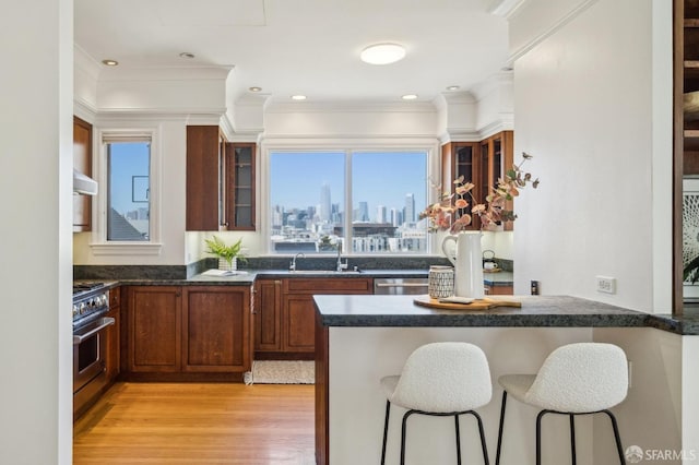 kitchen with stainless steel range, a sink, a kitchen breakfast bar, light wood-style flooring, and glass insert cabinets