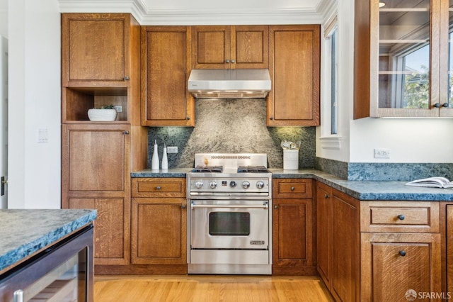 kitchen with backsplash, range hood, brown cabinets, wine cooler, and designer range