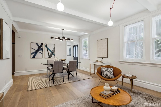 835 Diamond St, San Francisco, CA 94114 - dining area with beamed ceiling, light wood-style flooring, and baseboards