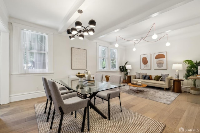 835 Diamond St, San Francisco, CA 94114 - dining room with light wood finished floors, beamed ceiling, a chandelier, and baseboards