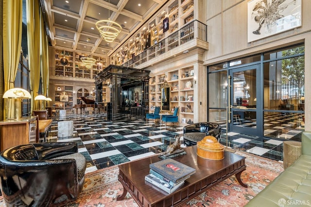 401 Harrison St Unit 45C, San Francisco, CA 94105 - building lobby featuring a high ceiling, coffered ceiling, beam ceiling, and ornamental molding