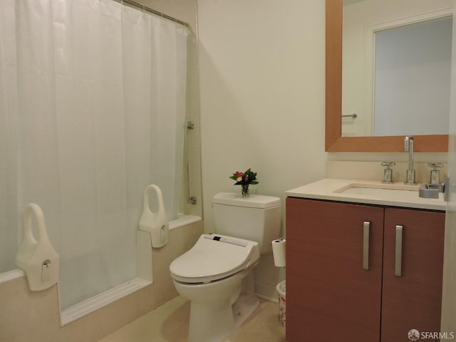 full bathroom with shower / tub combo, tile patterned flooring, vanity, and toilet