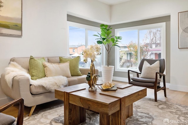 sitting room with a wealth of natural light and light hardwood / wood-style flooring