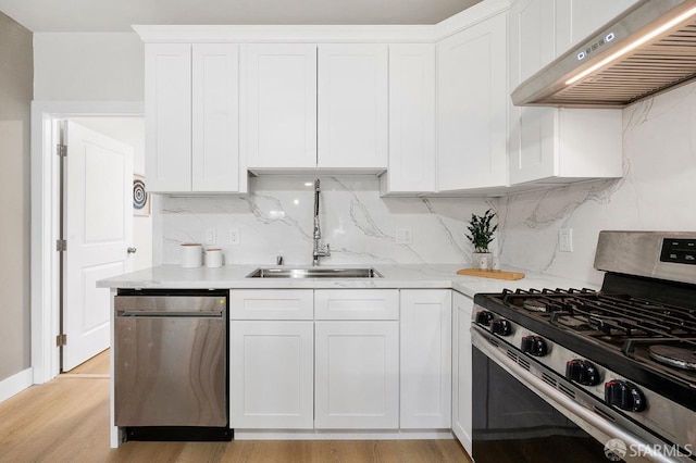 kitchen with ventilation hood, white cabinetry, stainless steel appliances, and sink