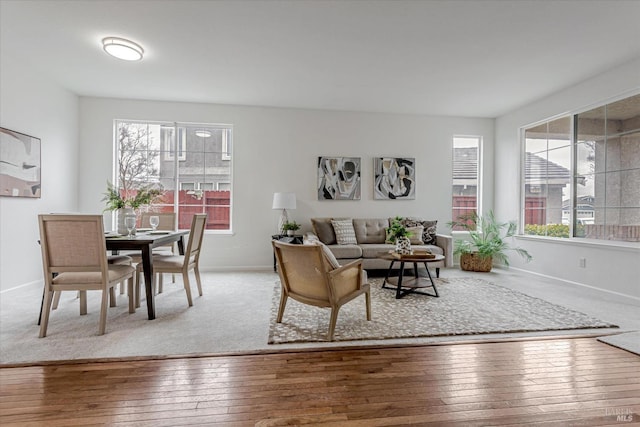 living area featuring hardwood / wood-style flooring and baseboards