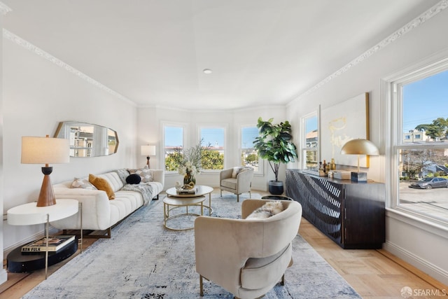 living area featuring crown molding and baseboards