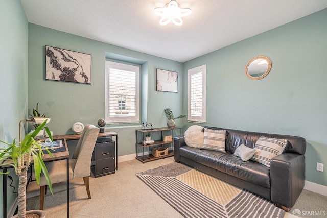 office space with light colored carpet and baseboards