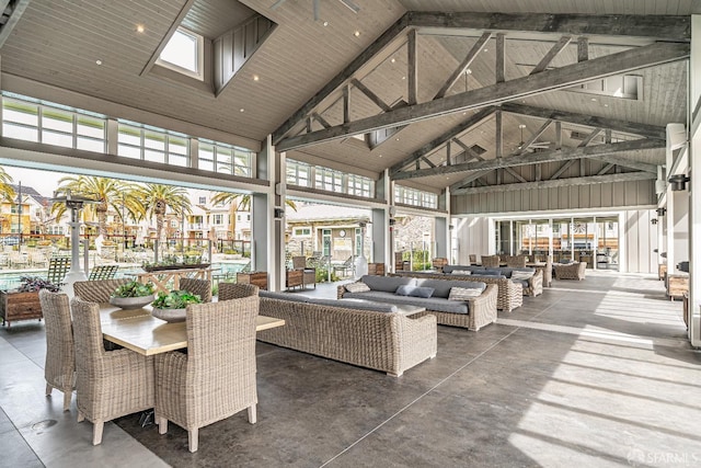 interior space with lofted ceiling with skylight