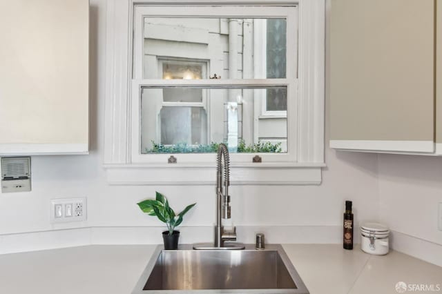 details with white cabinetry and sink