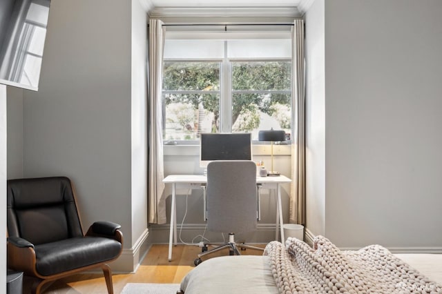 bedroom with baseboards and wood finished floors