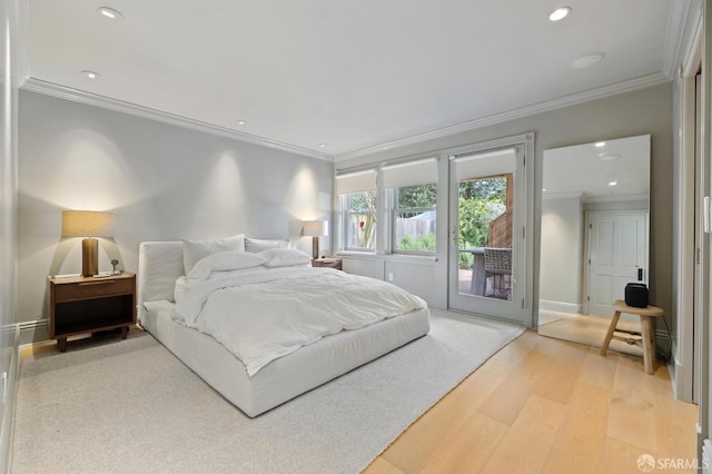 bedroom featuring crown molding, access to exterior, baseboards, recessed lighting, and light wood finished floors