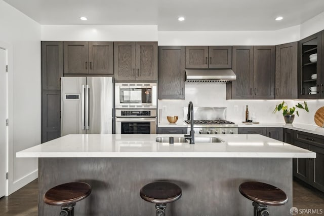 kitchen featuring a sink, stainless steel appliances, light countertops, dark brown cabinetry, and exhaust hood