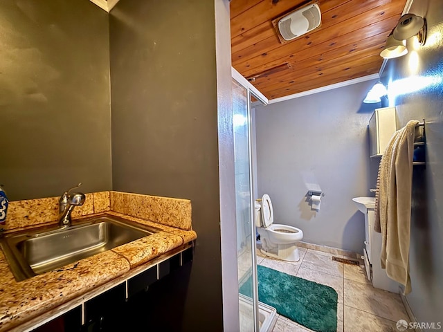 490 Huckleberry Ln, Boulder Creek, CA 95006 - bathroom with wooden ceiling, ornamental molding, a stall shower, and tile patterned flooring