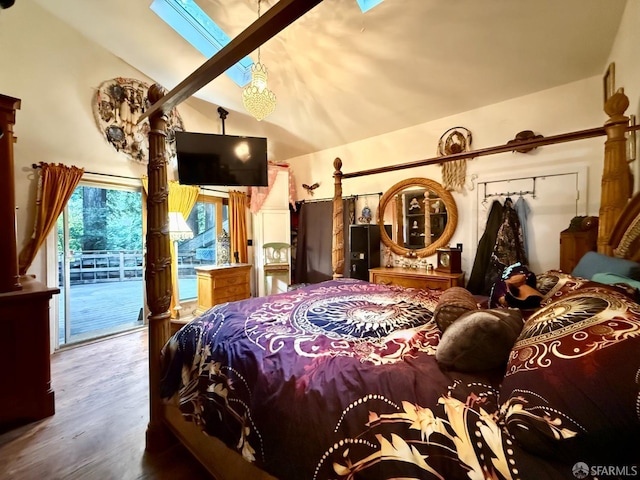 490 Huckleberry Ln, Boulder Creek, CA 95006 - bedroom with a skylight, access to outside, wood finished floors, and lofted ceiling
