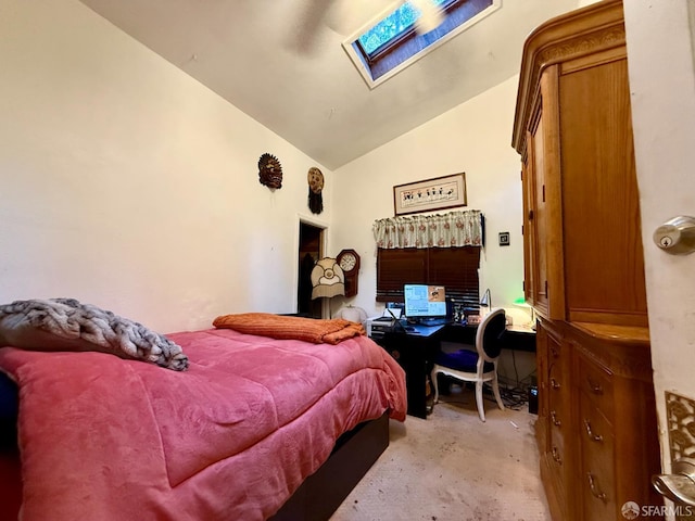 490 Huckleberry Ln, Boulder Creek, CA 95006 - bedroom featuring a skylight, light colored carpet, vaulted ceiling, and a desk
