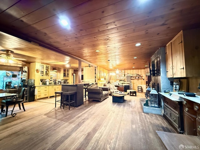 490 Huckleberry Ln, Boulder Creek, CA 95006 - living room with light wood finished floors, ceiling fan, recessed lighting, and wooden ceiling