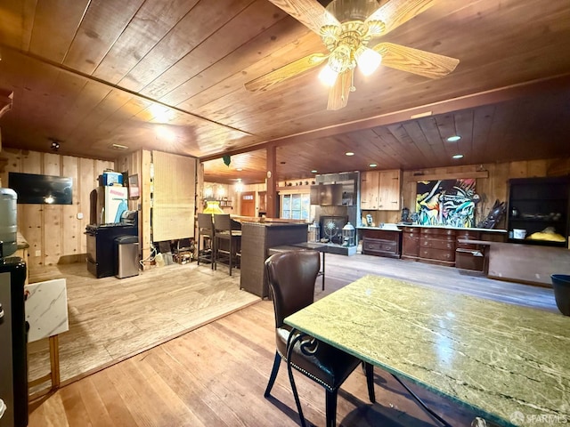 490 Huckleberry Ln, Boulder Creek, CA 95006 - dining space featuring wooden ceiling, light wood-style flooring, ceiling fan, and wooden walls
