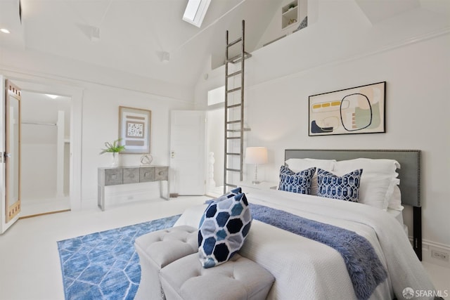 bedroom with high vaulted ceiling