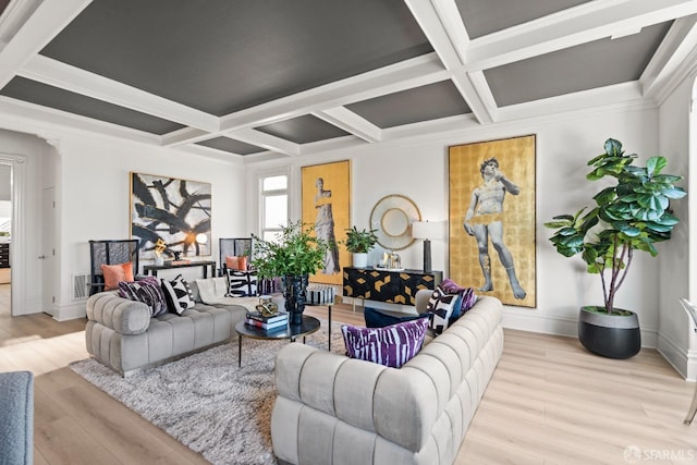 living room featuring beamed ceiling, baseboards, coffered ceiling, and wood finished floors