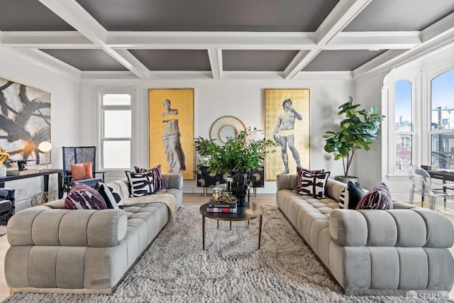 living room featuring coffered ceiling, hardwood / wood-style floors, and beam ceiling