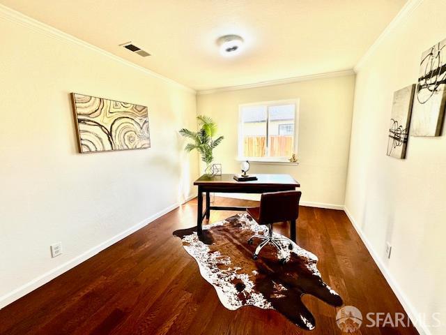 590 Hurlingame Ave, Redwood City, CA 94063 - office area with crown molding, wood finished floors, and baseboards