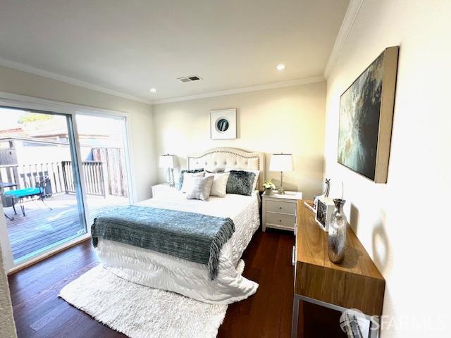 590 Hurlingame Ave, Redwood City, CA 94063 - bedroom featuring access to outside, dark wood-style flooring, ornamental molding, and recessed lighting