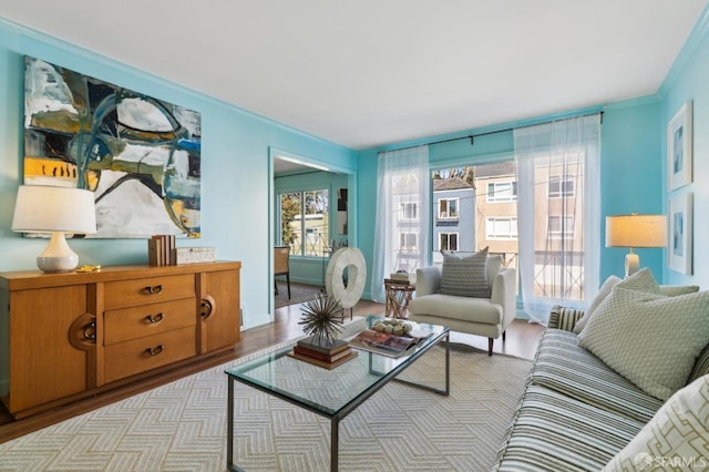 living area featuring baseboards, ornamental molding, and wood finished floors