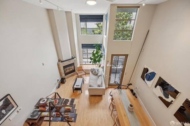 700 Illinois St Unit 3, San Francisco, CA 94107 - living room with wood finished floors, rail lighting, a glass covered fireplace, and a towering ceiling