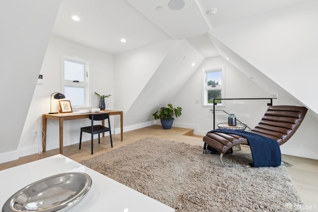 sitting room featuring recessed lighting, baseboards, lofted ceiling, and wood finished floors