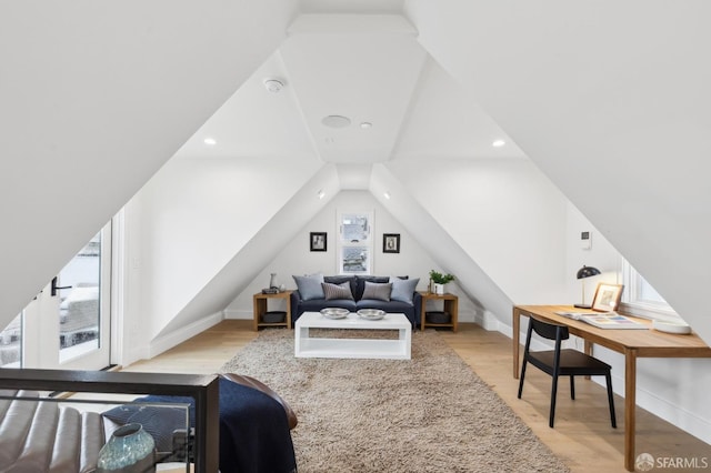 bedroom featuring recessed lighting, baseboards, light wood-style floors, and vaulted ceiling