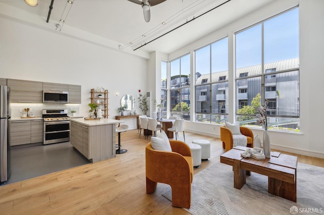2011 3rd St Unit 6, San Francisco, CA 94107 - living area featuring light wood-style floors, rail lighting, plenty of natural light, and a high ceiling