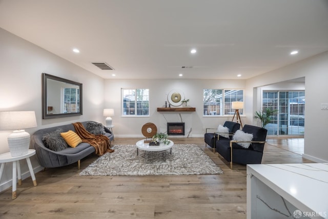 living room featuring plenty of natural light and light hardwood / wood-style flooring