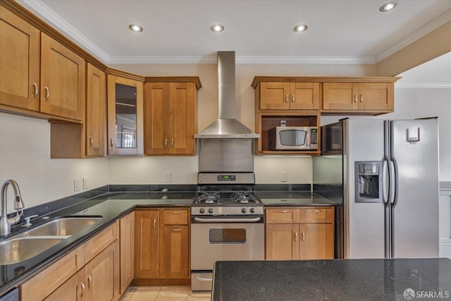 kitchen featuring ornamental molding, wall chimney exhaust hood, stainless steel appliances, sink, and light tile patterned floors