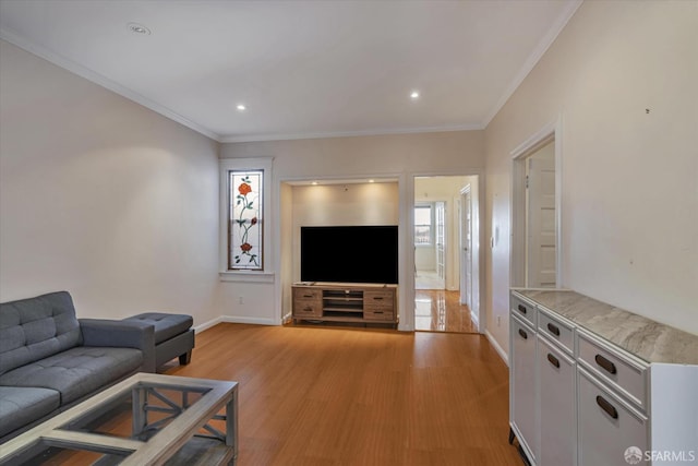 living room with crown molding and light hardwood / wood-style floors