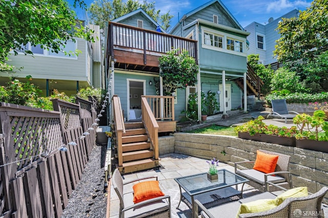 30 Eagle St, San Francisco, CA 94114 - rear view of property featuring stairway, a patio, a wooden deck, and outdoor lounge area
