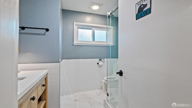 29 Woodcrest Cir, Oakland, CA 94602 - bathroom featuring vanity, a stall shower, and marble look tile flooring