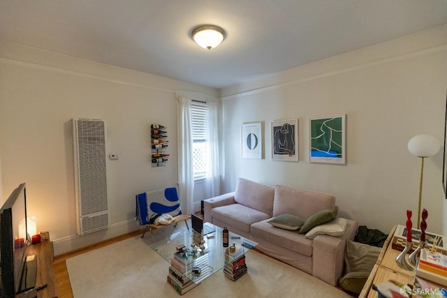 living room featuring baseboards, a heating unit, and wood finished floors