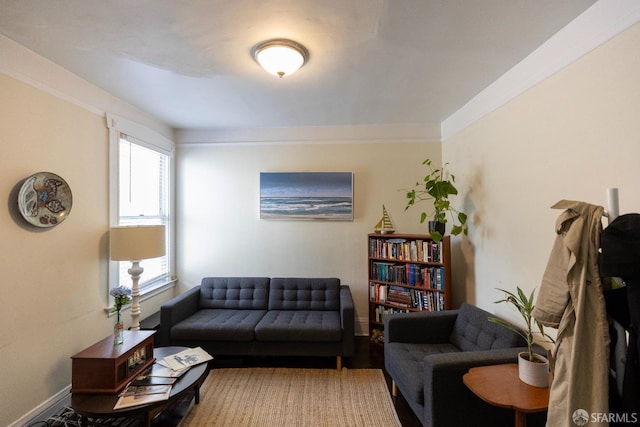 living area featuring baseboards and ornamental molding