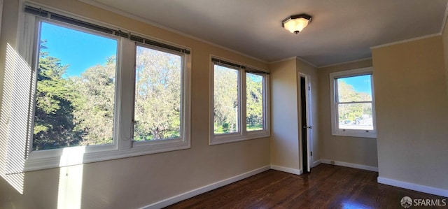 interior space with dark wood-style floors, baseboards, and ornamental molding
