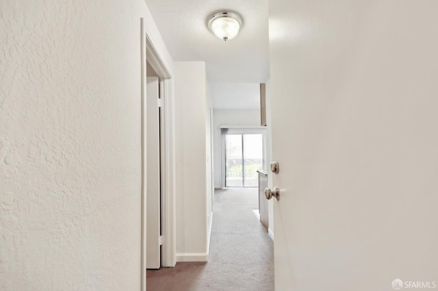 hall featuring light colored carpet