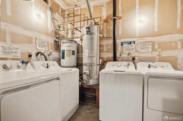 laundry area with independent washer and dryer, electric water heater, and water heater