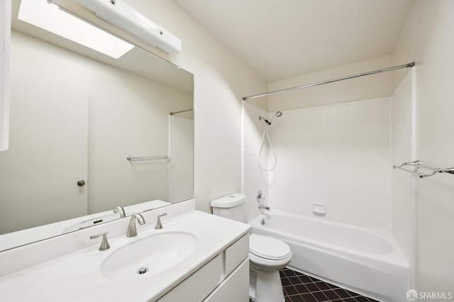 full bathroom featuring vanity, tile patterned floors,  shower combination, and toilet